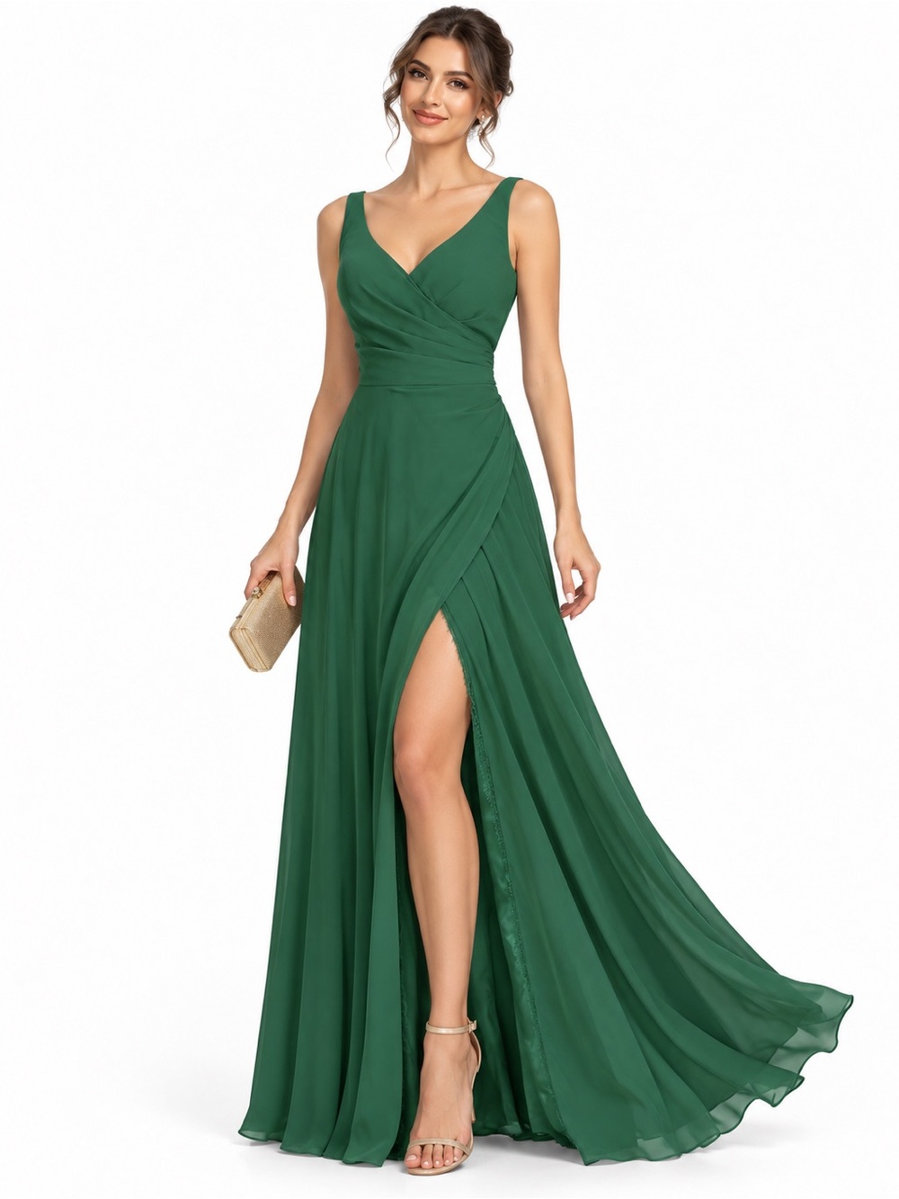 Azazie Women’s A10 Dark Green Chiffon Bridesmaid Maxi Dress V Neck Slit